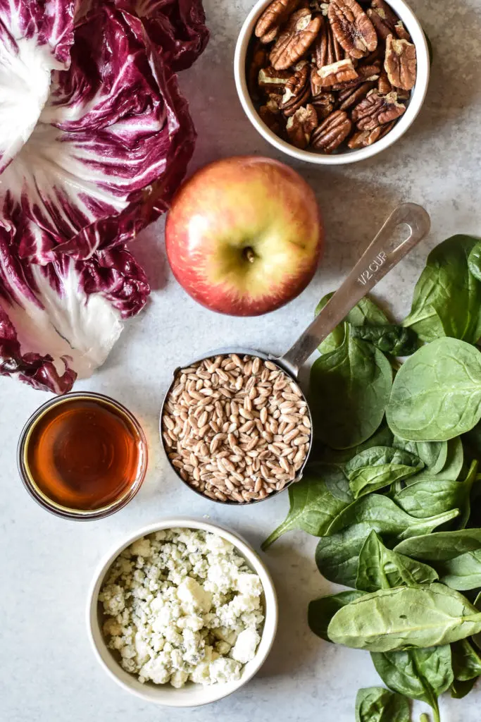 ingredients for radicchio and wheatberry salad