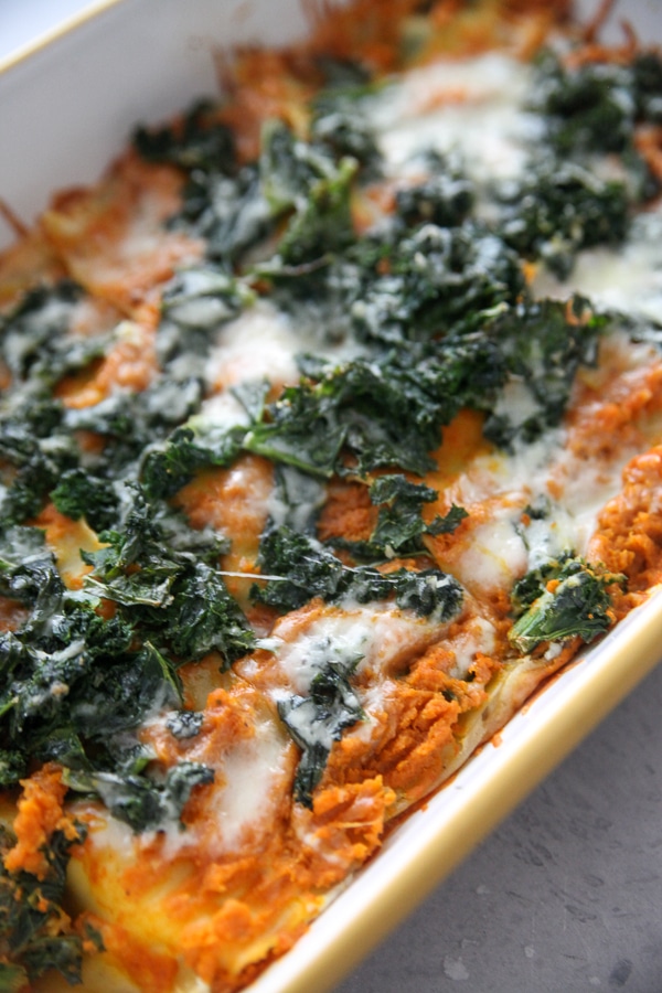 kale lasagna with pumpkin and goat cheese
