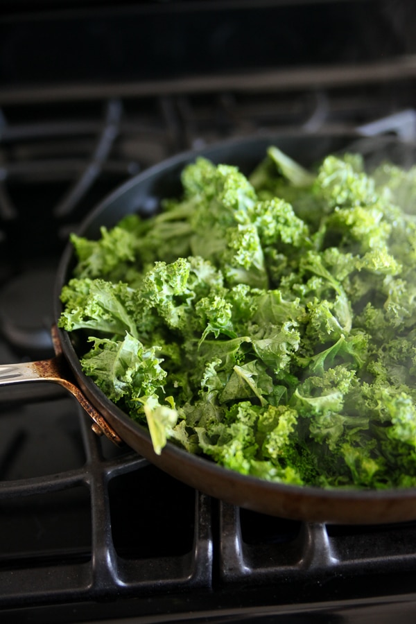 kale wilting in a skillet