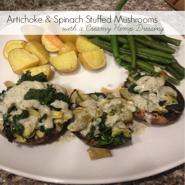 Artichoke & Spinach Stuffed Mushrooms with a Creamy Hemp Dressing // katheats.com