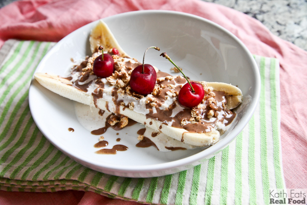 banana split with overnight oats and cherries