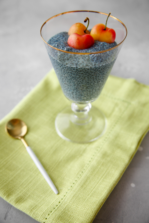 Blue Majik chia pudding with cherries on top!