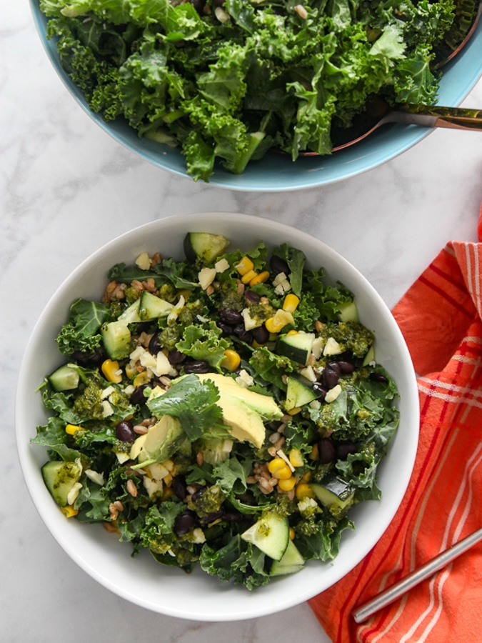prep day kale salad in a white bowl