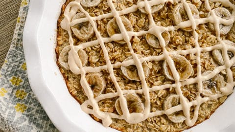 Baked banana oatmeal with peanut butter frosting
