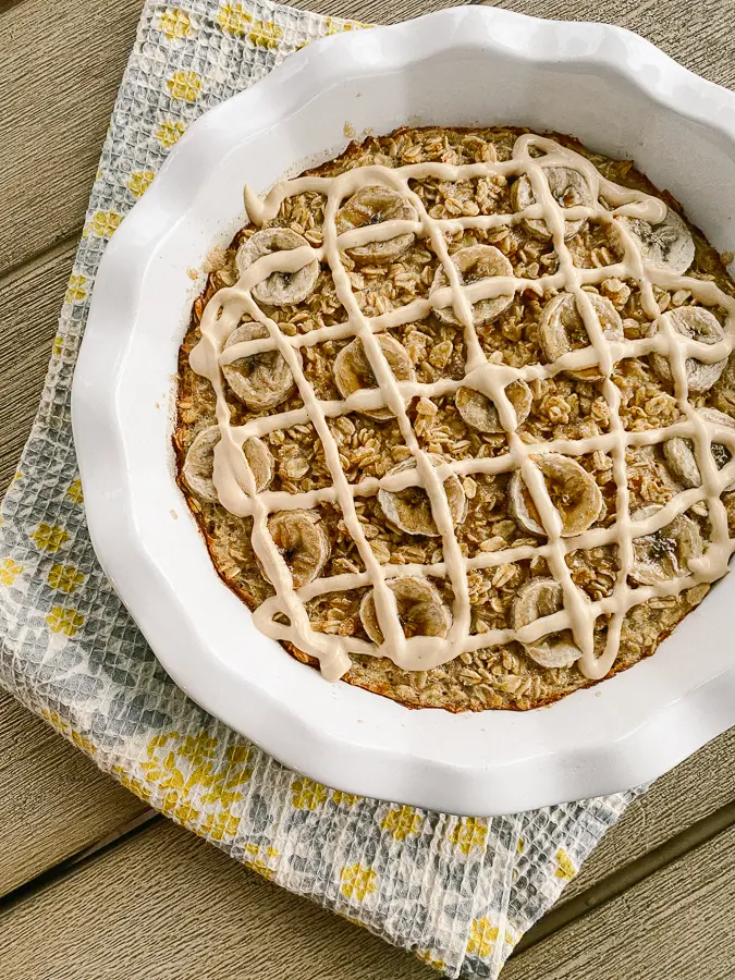 Baked banana oatmeal with peanut butter frosting
