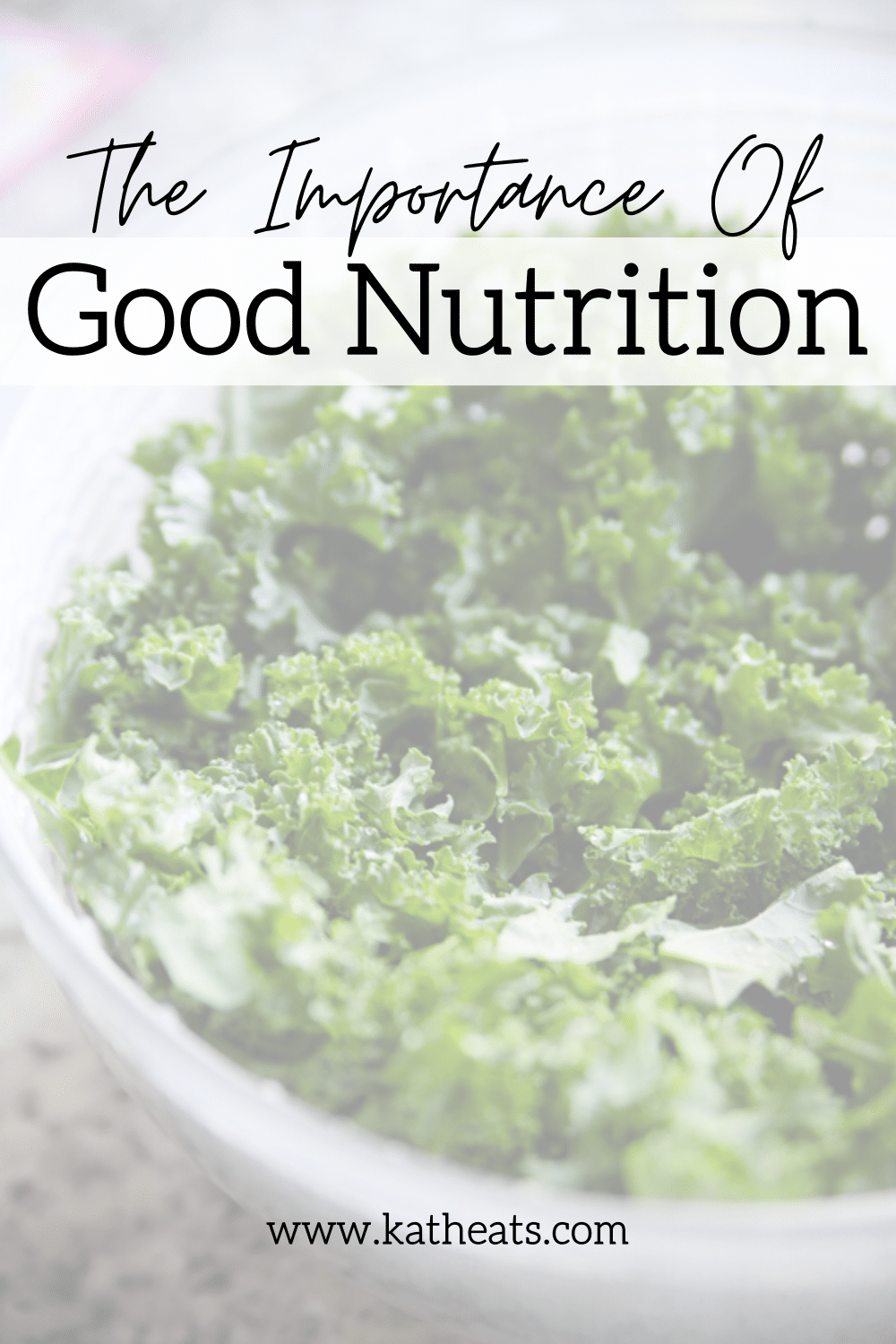 The Importance of Good Nutrition: bowl of raw kale with text overlay.