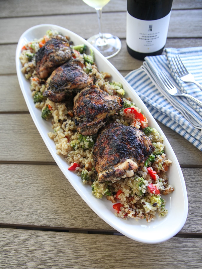 platter with row of chicken and hot honey quinoa salad