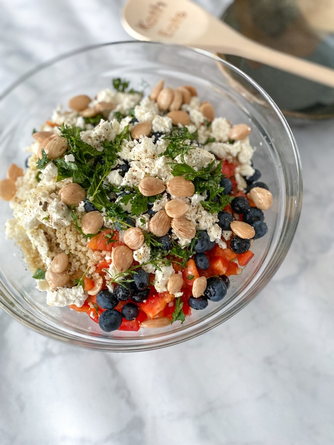 mixing bowl with quinoa salad