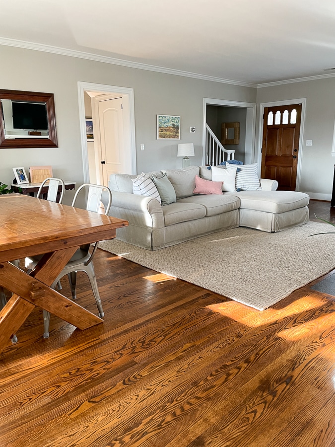 Pottery Barn couch, rug and dining room table