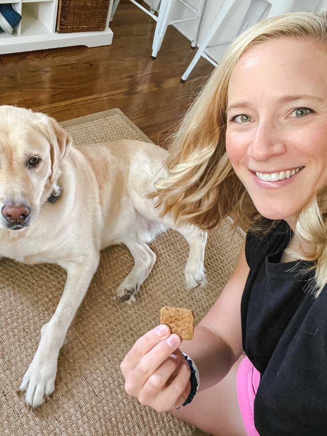 dog treat from Chewy with mom holding