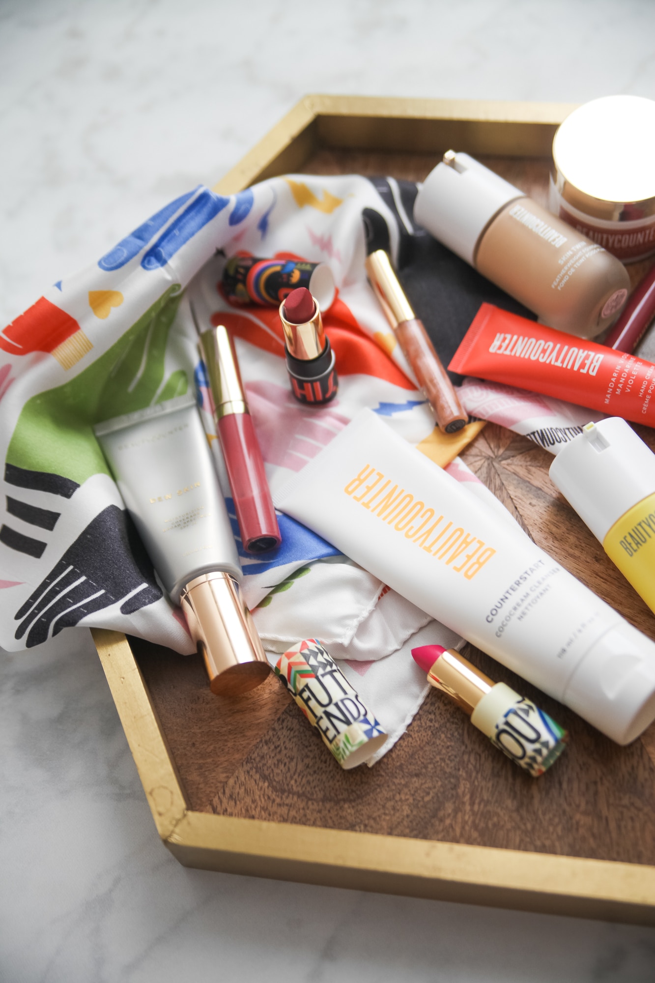 beautycounter products with a purpose on a gold tray