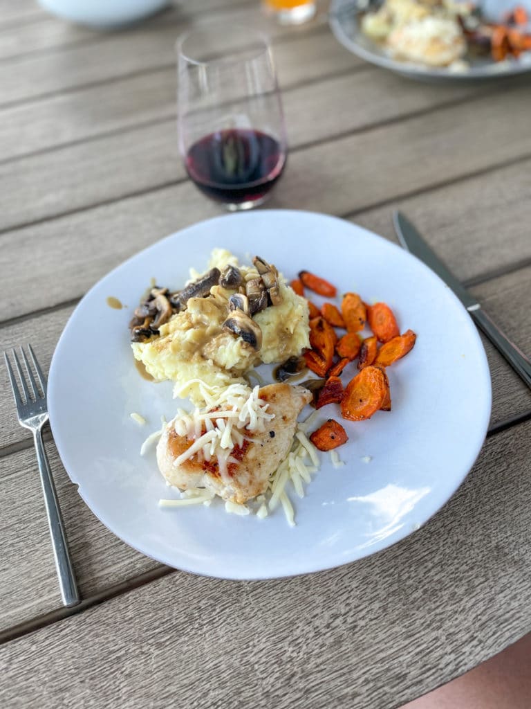 Fontina Chicken with Mushroom Taters and Roasted Carrots