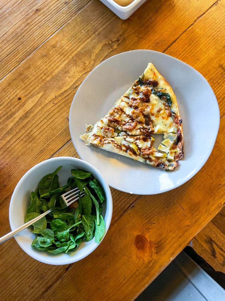 Leftover Beltmont Pizza + Spinach Salad