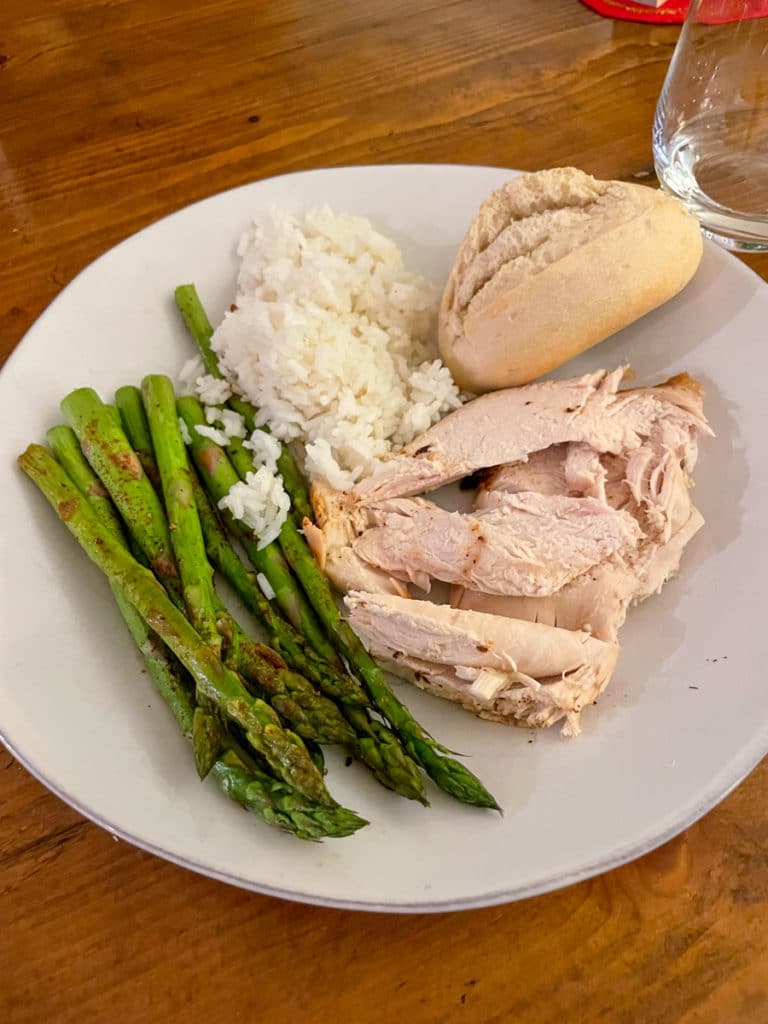 Rotisserie Chicken with rice and asparagus