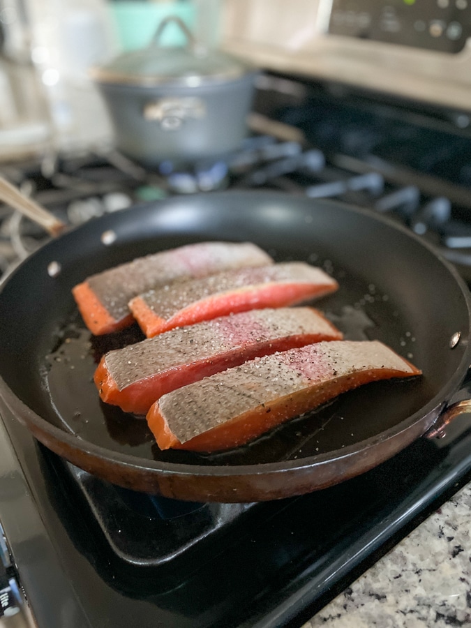 steelhead trout on pan