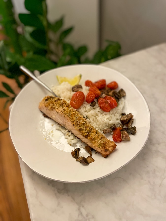 Pistachio Salmon with Rice and Veg