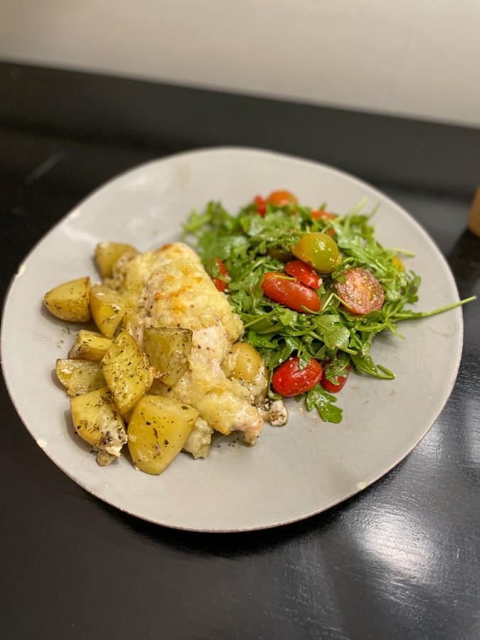 Fontina Chicken with potatoes and salad