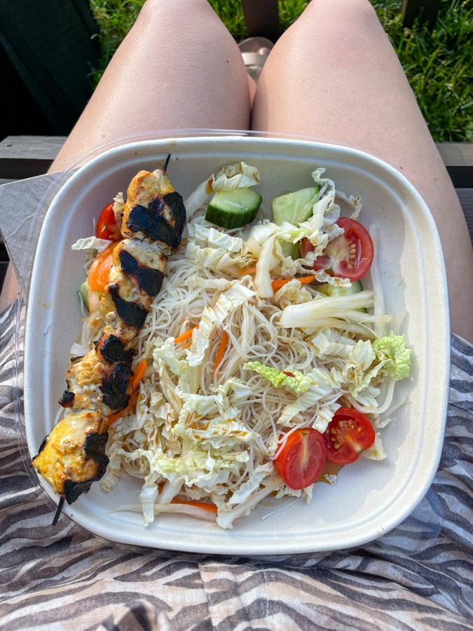 Noodle bowl with a chicken skewer | Feels Like Summer