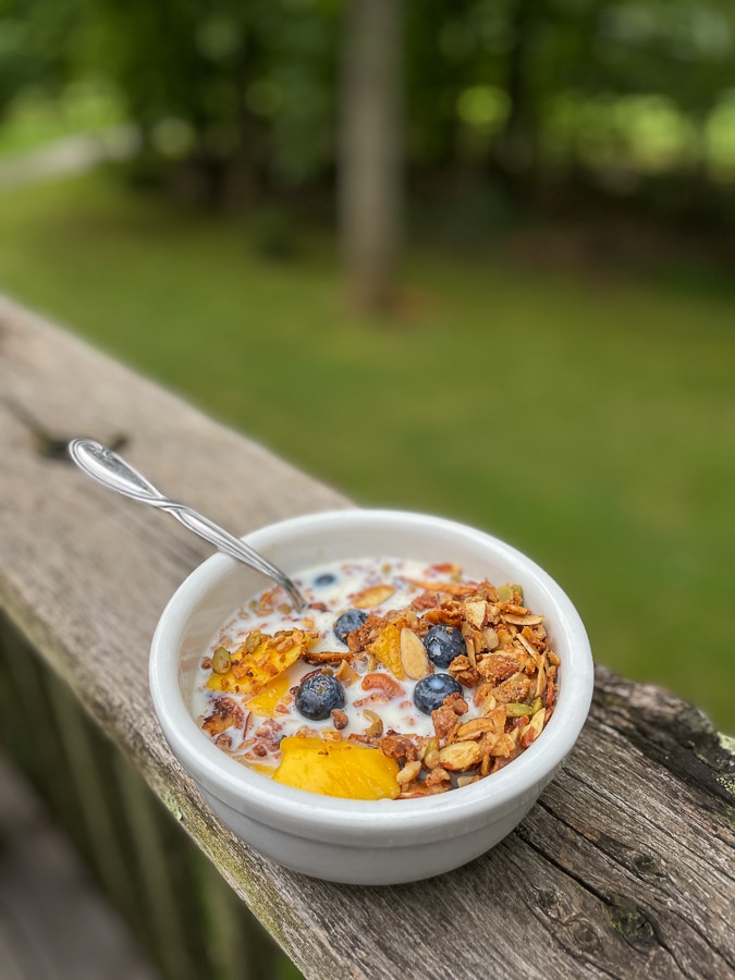 nutty granola with blueberries and peaches