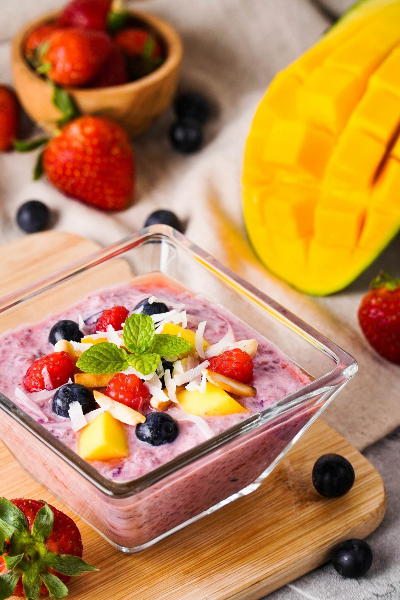 Chia Pudding Breakfast Bowl with berries and mango
