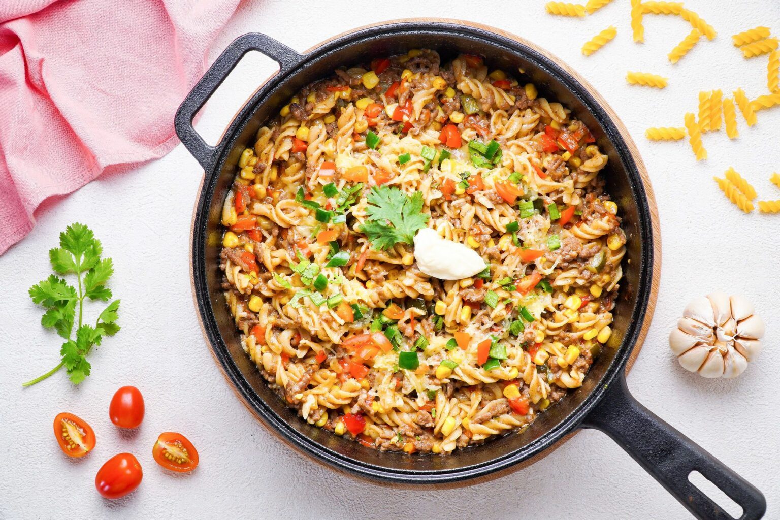 Tex Mex Pasta Recipe in cast iron skillet