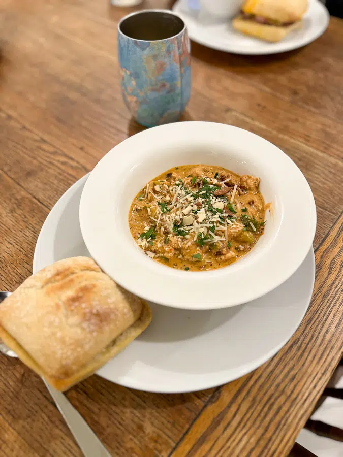 pork sandwich and tuscan soup
