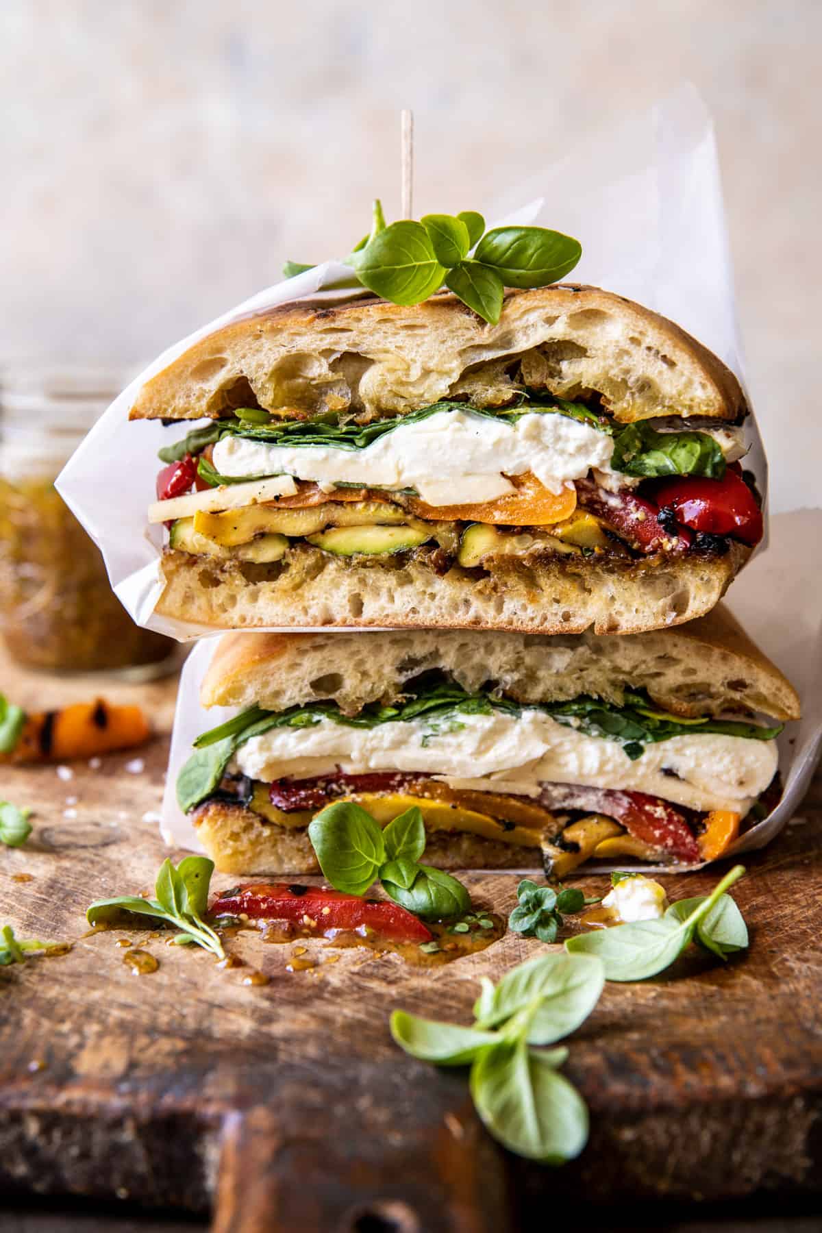 Delicious Sandwich Recipes: Grilled Vegetable Burrata Sandwich with Lemon Thyme Honey Mustard