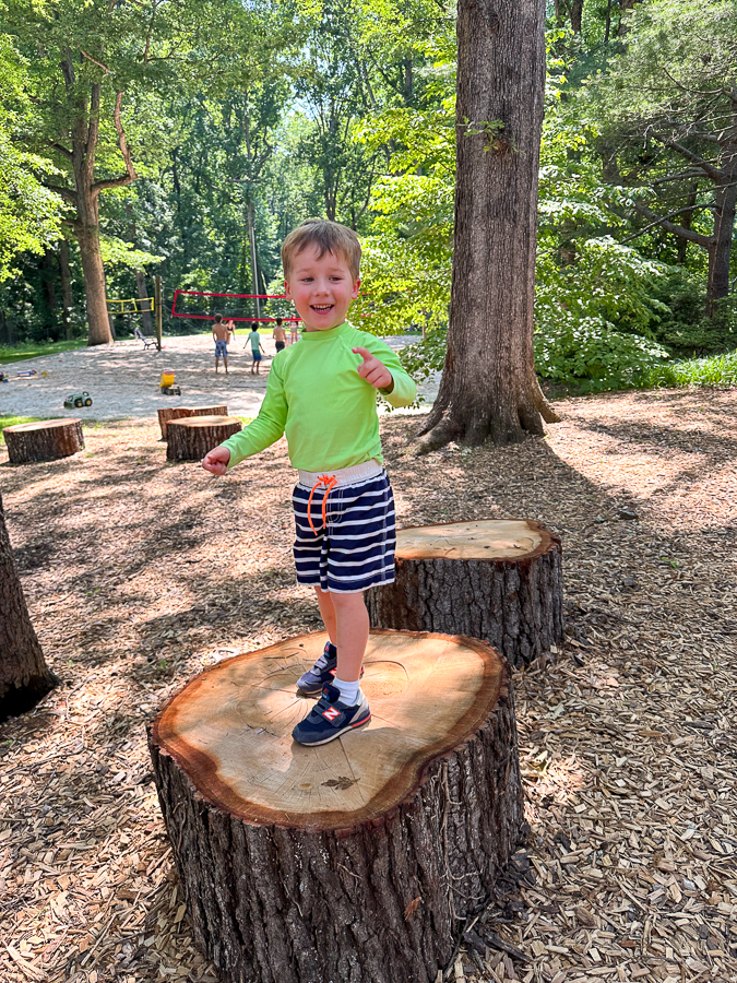 boy standing on cut tree trunk