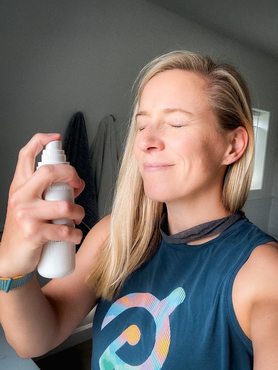 Counterglow Hyaluronic Moisture Mist being sprayed on Kath's face
