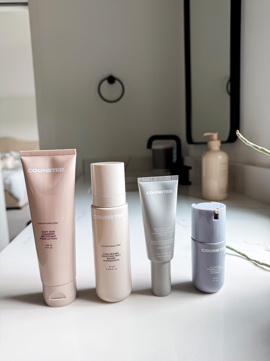 Counter products on a bathroom counter