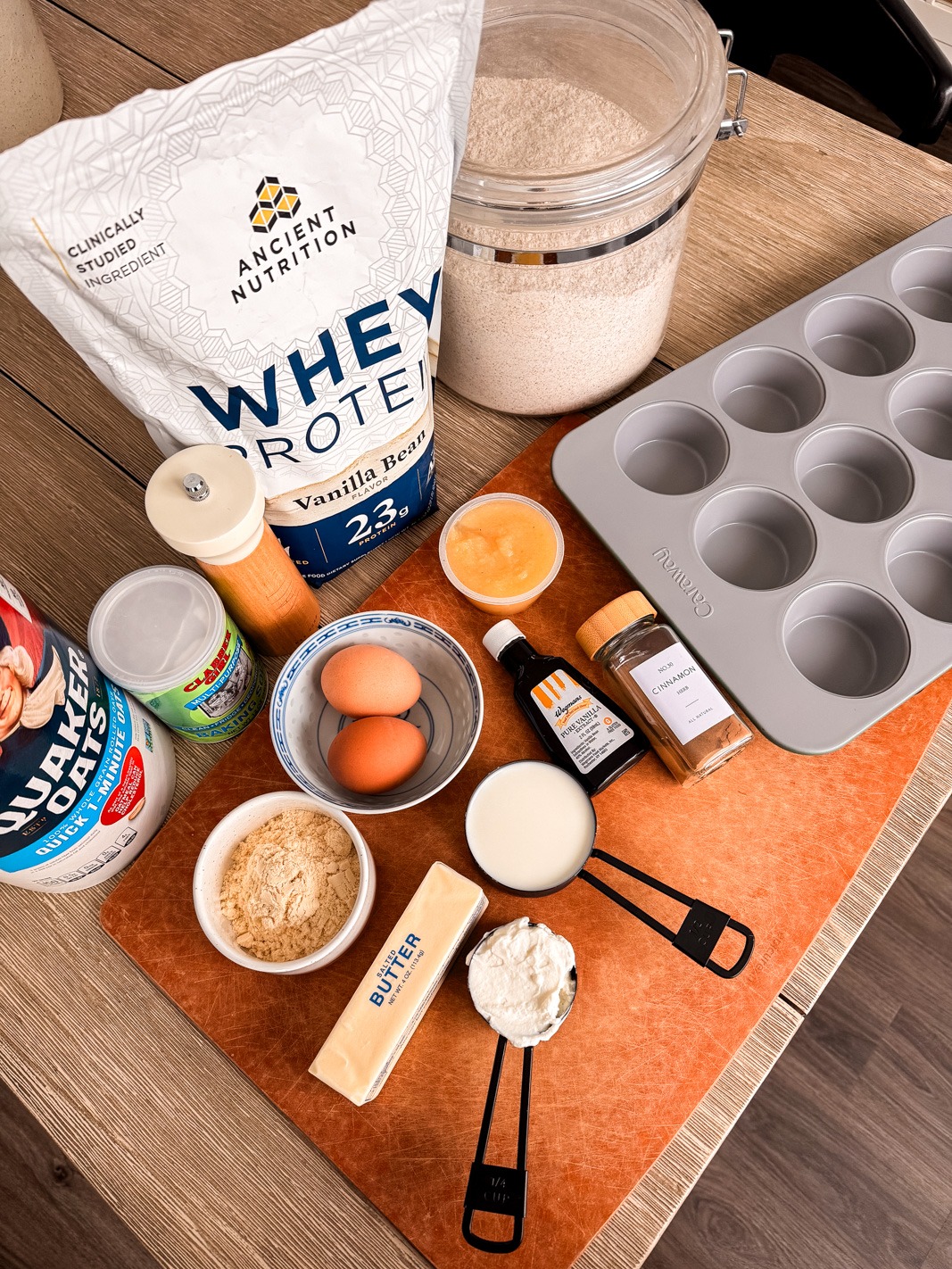 Muffin ingredients laid out on a cutting board