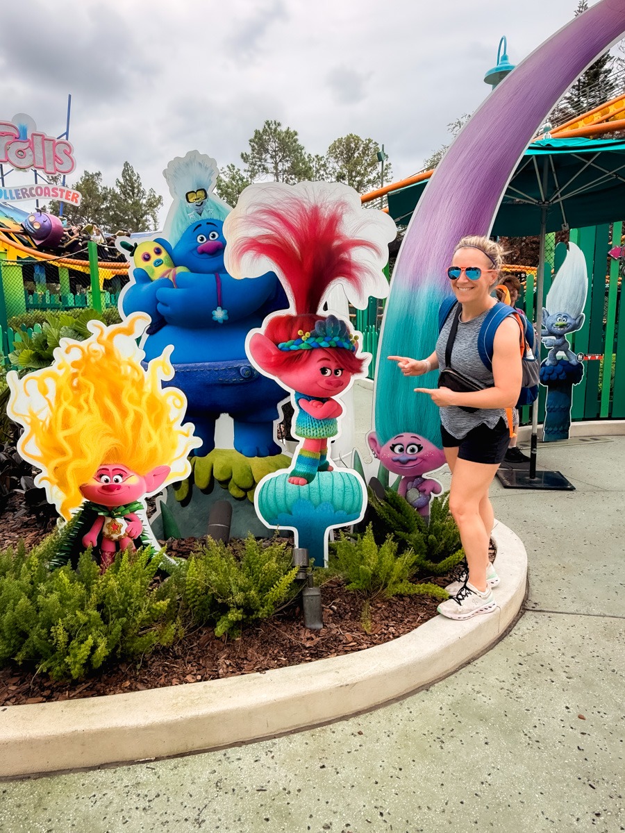 Kath with trolls at Dreamworks land