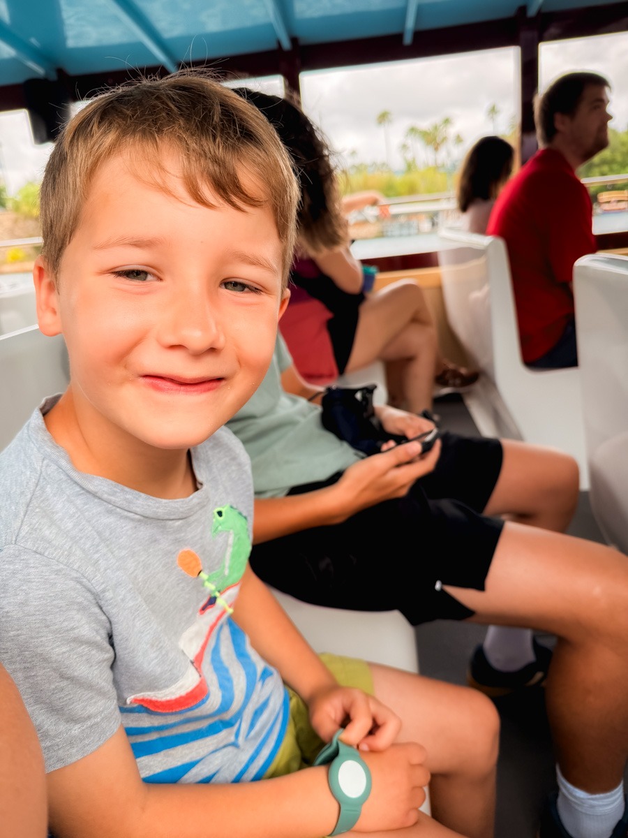 Birch on water taxi at Universal Studios Florida